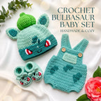 Crochet Bulbasaur baby set including a green and teal crocheted hat with bulb details, matching overalls, and booties, arranged on a white fabric background with decorative leaves and a flower.