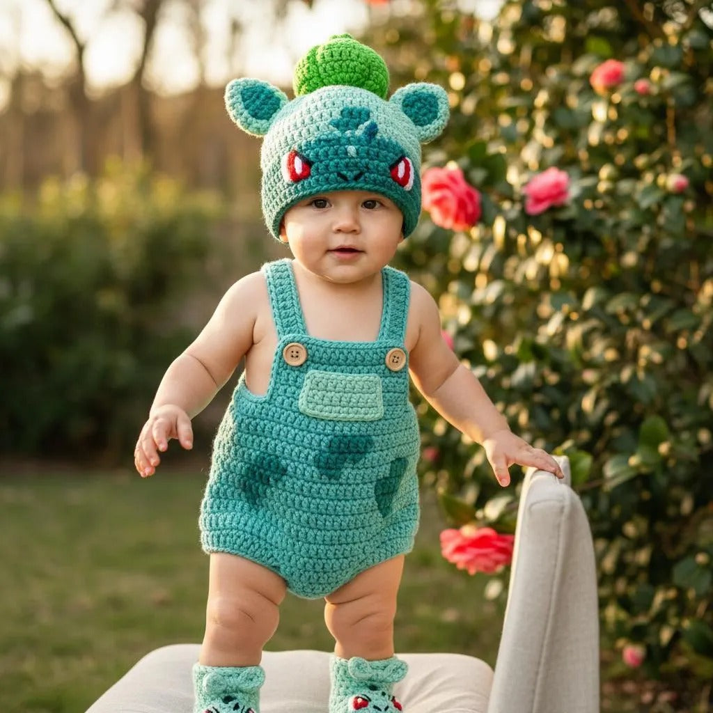 A baby wearing a handmade crocheted teal romper, matching hat with ears, and booties, standing on a light-colored chair in a garden setting.