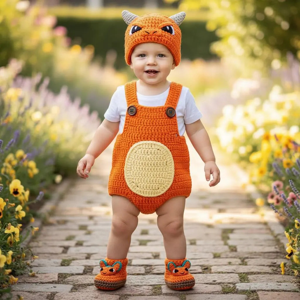Crochet Orange Dragon Baby Outfit, Romper Hat and Booties Set, Newborn Photo Prop, Baby Halloween Costume, Baby Shower Gift