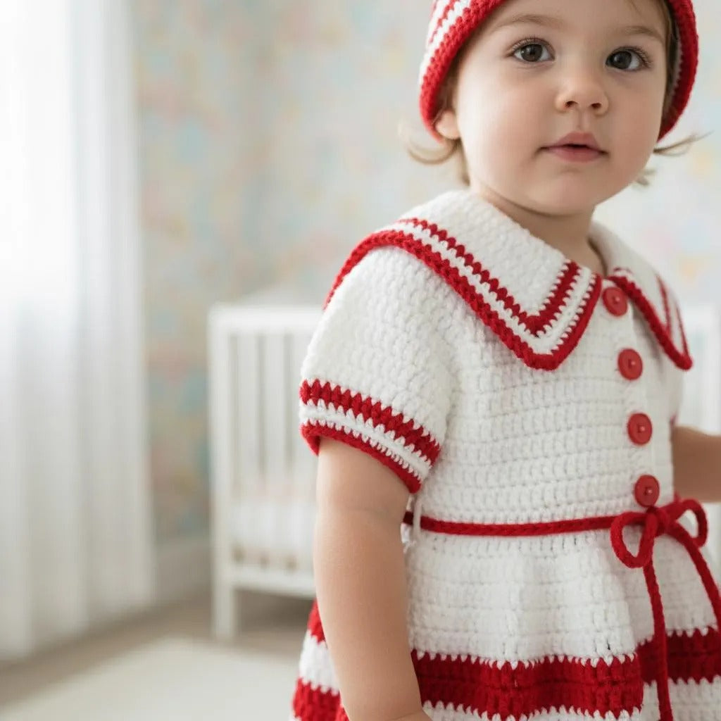 Handmade Crochet Baby Dress & Hat Set, Red White Sailor Outfit, Newborn Girl Photo Prop, Christmas Baby Gift