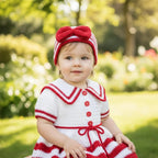 Handmade Crochet Baby Dress & Hat Set, Red White Sailor Outfit, Newborn Girl Photo Prop, Christmas Baby Gift