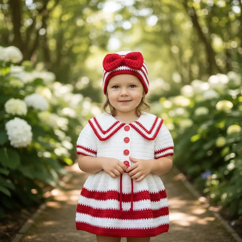 Handmade Crochet Baby Dress & Hat Set, Red White Sailor Outfit, Newborn Girl Photo Prop, Christmas Baby Gift