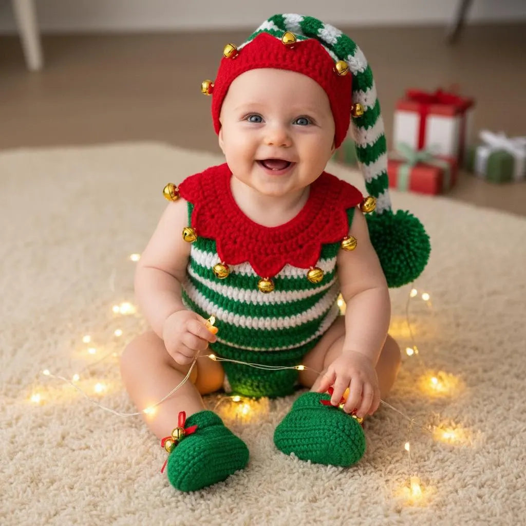 Personalized Crochet Baby Elf Outfit, Christmas Romper Hat and Booties Set, Newborn Photo Prop, First Christmas Costume Gift