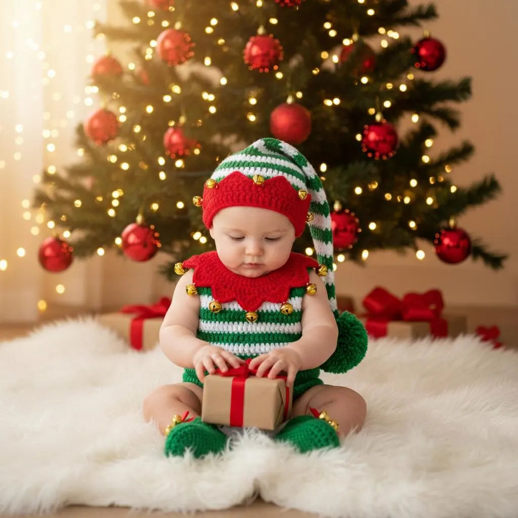 Personalized Crochet Baby Elf Outfit, Christmas Romper Hat and Booties Set, Newborn Photo Prop, First Christmas Costume Gift