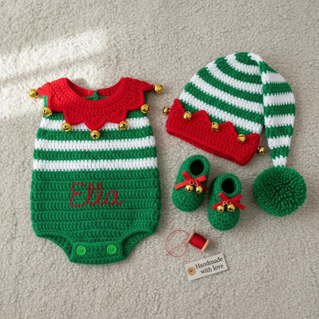 Personalized Crochet Baby Elf Outfit, Christmas Romper Hat and Booties Set, Newborn Photo Prop, First Christmas Costume Gift