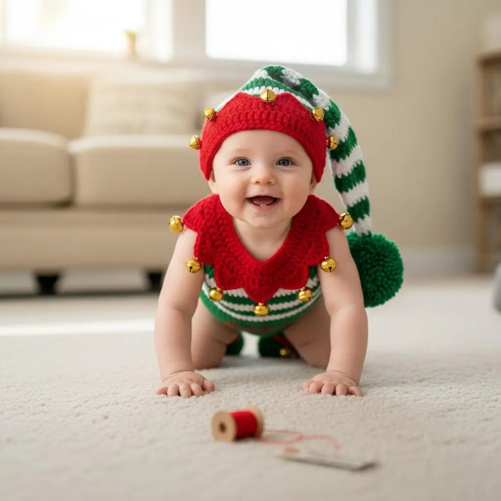 Personalized Crochet Baby Elf Outfit, Christmas Romper Hat and Booties Set, Newborn Photo Prop, First Christmas Costume Gift