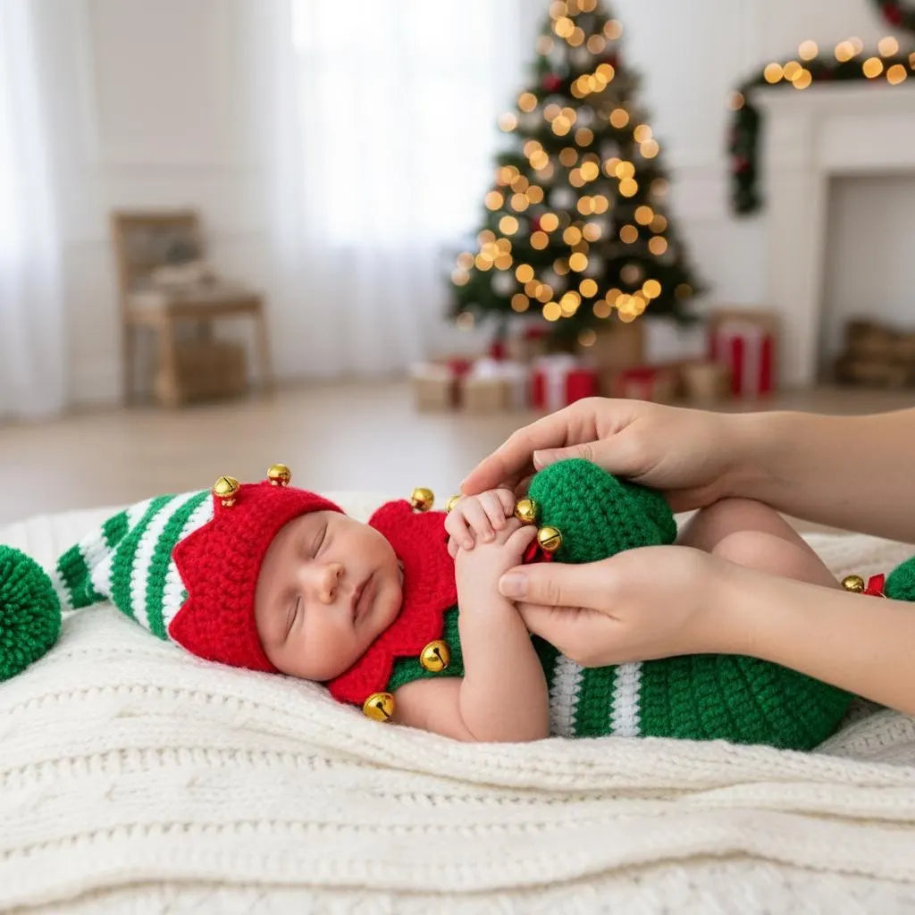 Personalized Crochet Baby Elf Outfit, Christmas Romper Hat and Booties Set, Newborn Photo Prop, First Christmas Costume Gift