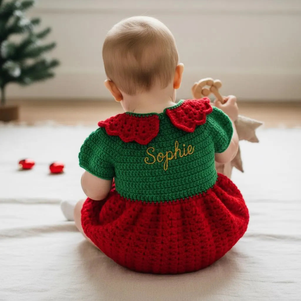Crochet Christmas Baby Dress, Handmade Elf Baby Romper, Newborn Girl Holiday Outfit, First Christmas Photo Prop, Baby Shower Gift