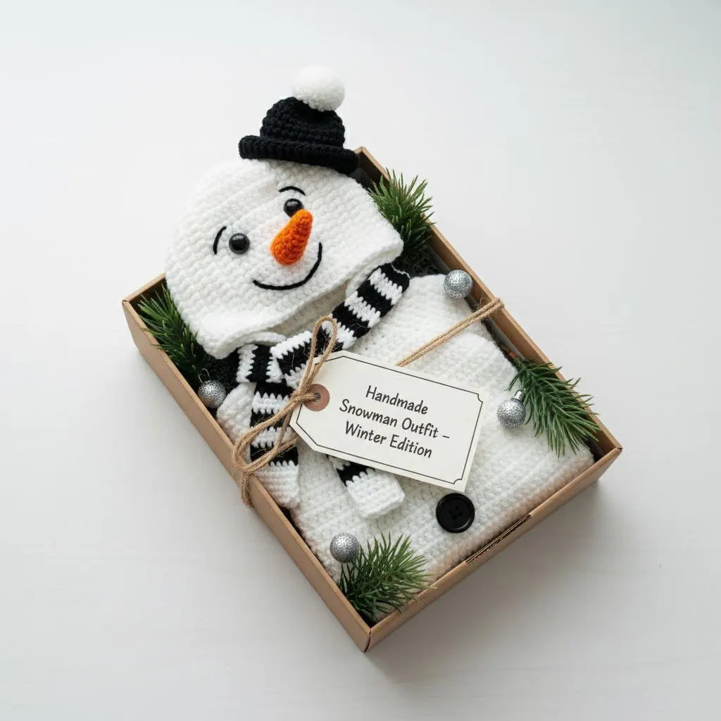 Crochet Snowman Baby Outfit, Hooded Romper with Scarf, Newborn Christmas Photo Prop, Baby’s First Christmas Gift, Winter Costume