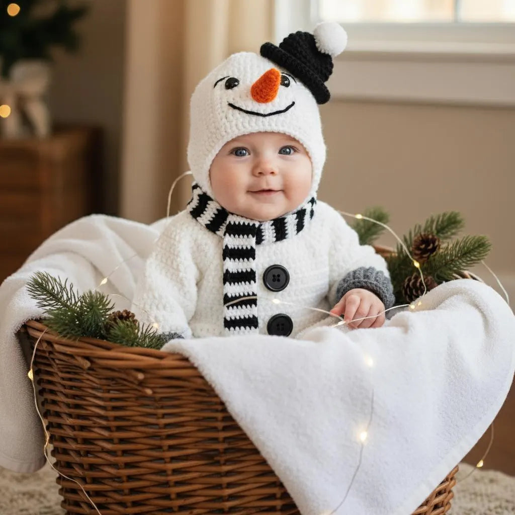 Crochet Snowman Baby Outfit, Hooded Romper with Scarf, Newborn Christmas Photo Prop, Baby’s First Christmas Gift, Winter Costume