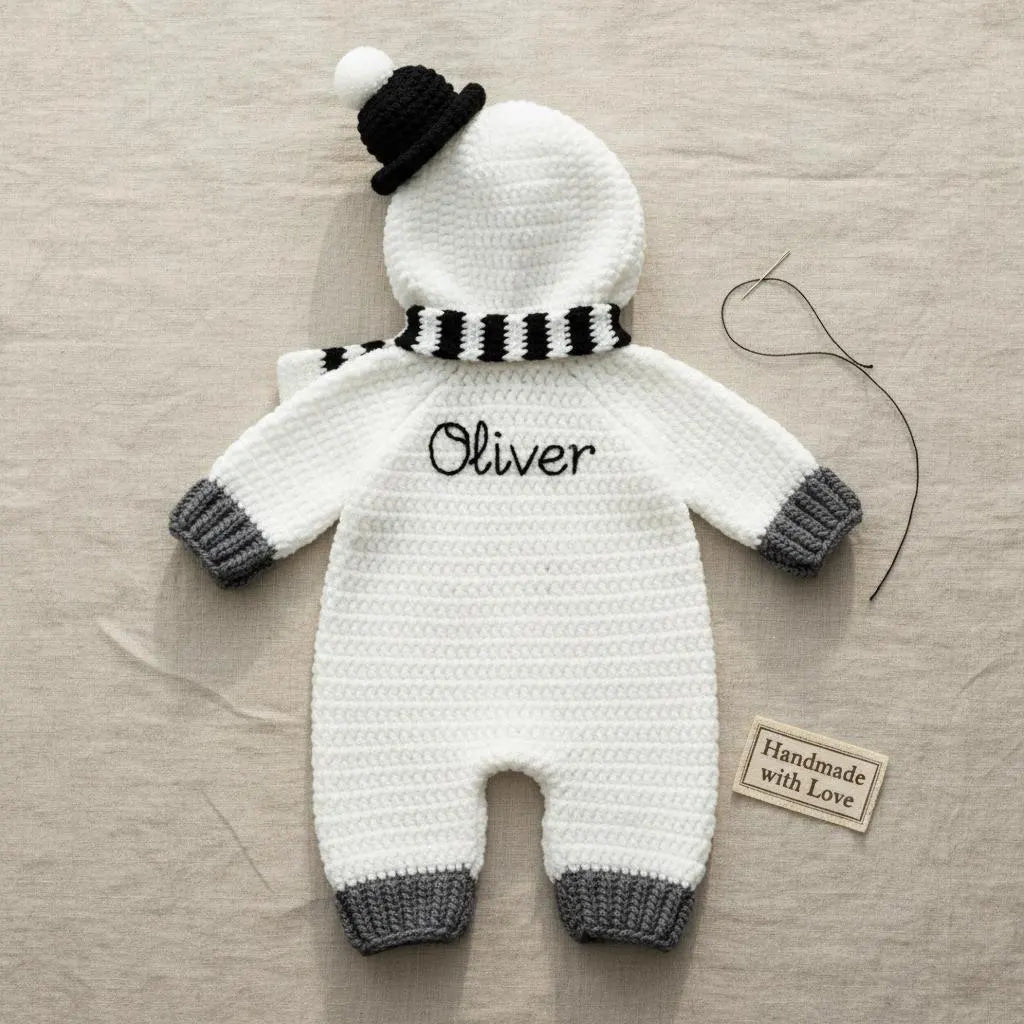 Crochet Snowman Baby Outfit, Hooded Romper with Scarf, Newborn Christmas Photo Prop, Baby’s First Christmas Gift, Winter Costume
