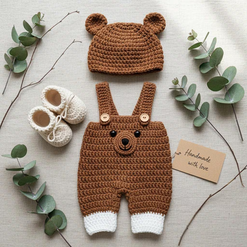Crochet Bear Baby Outfit Set, Brown Teddy Bear Romper with Hat and Booties, Newborn Photo Prop, Coming Home Outfit, Baby Shower Gift