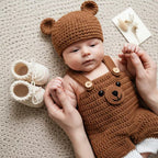Crochet Bear Baby Outfit Set, Brown Teddy Bear Romper with Hat and Booties, Newborn Photo Prop, Coming Home Outfit, Baby Shower Gift