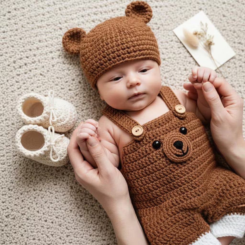 Crochet Bear Baby Outfit Set, Brown Teddy Bear Romper with Hat and Booties, Newborn Photo Prop, Coming Home Outfit, Baby Shower Gift