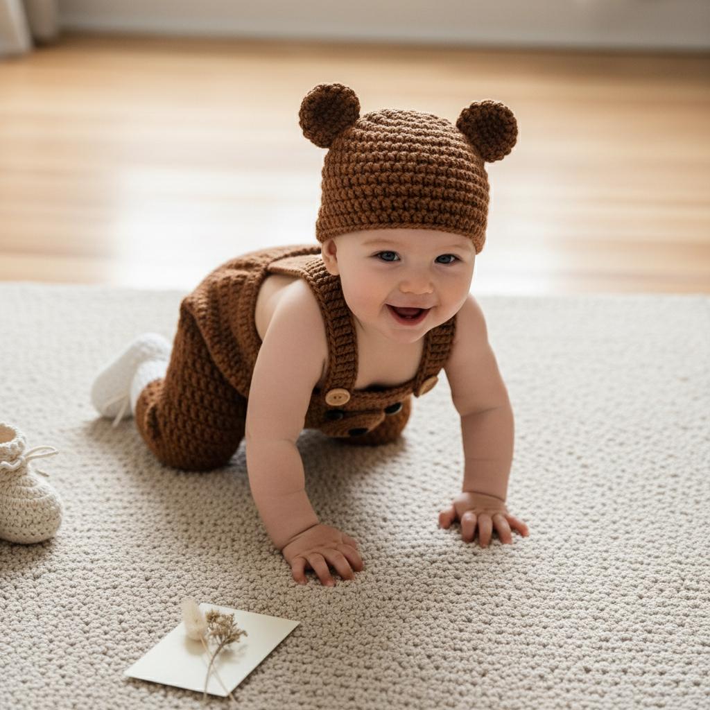 Crochet Bear Baby Outfit Set, Brown Teddy Bear Romper with Hat and Booties, Newborn Photo Prop, Coming Home Outfit, Baby Shower Gift