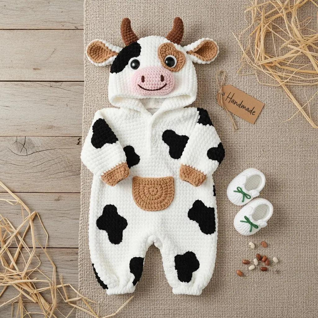 Crochet Cow Baby Romper, Hooded Farm Animal Costume with Booties, Newborn Photo Prop, First Halloween Outfit, Baby Shower Gift