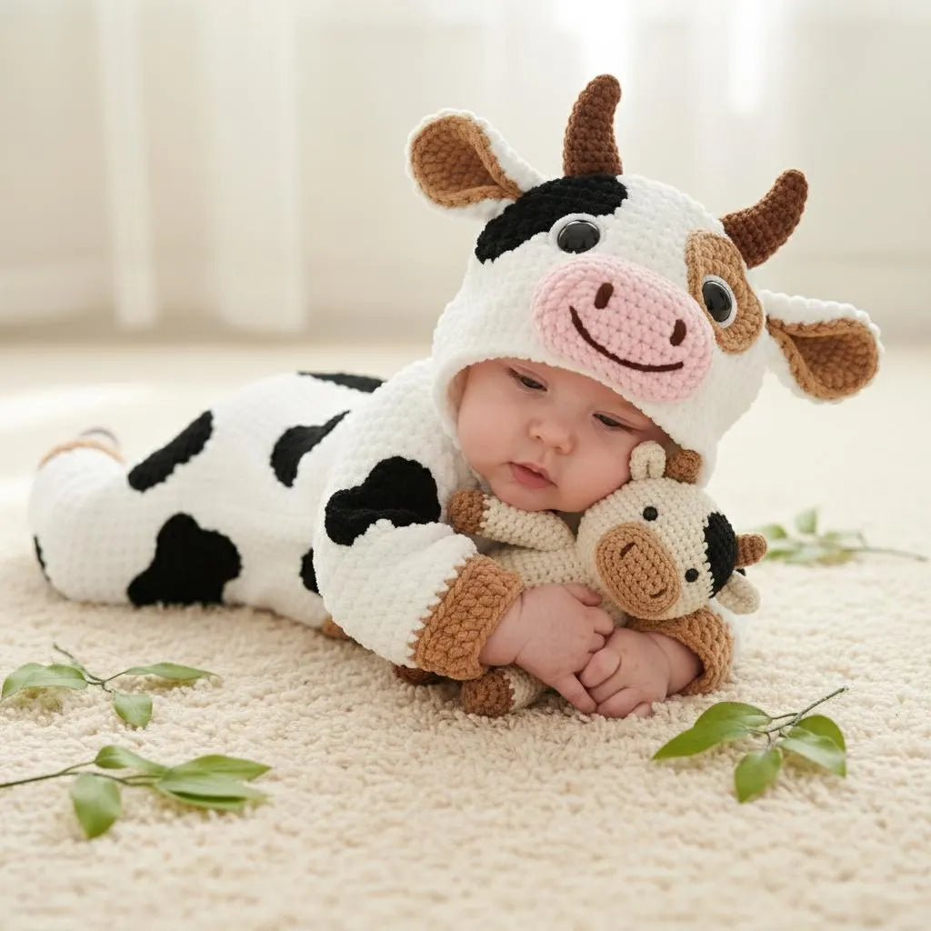 Crochet Cow Baby Romper, Hooded Farm Animal Costume with Booties, Newborn Photo Prop, First Halloween Outfit, Baby Shower Gift
