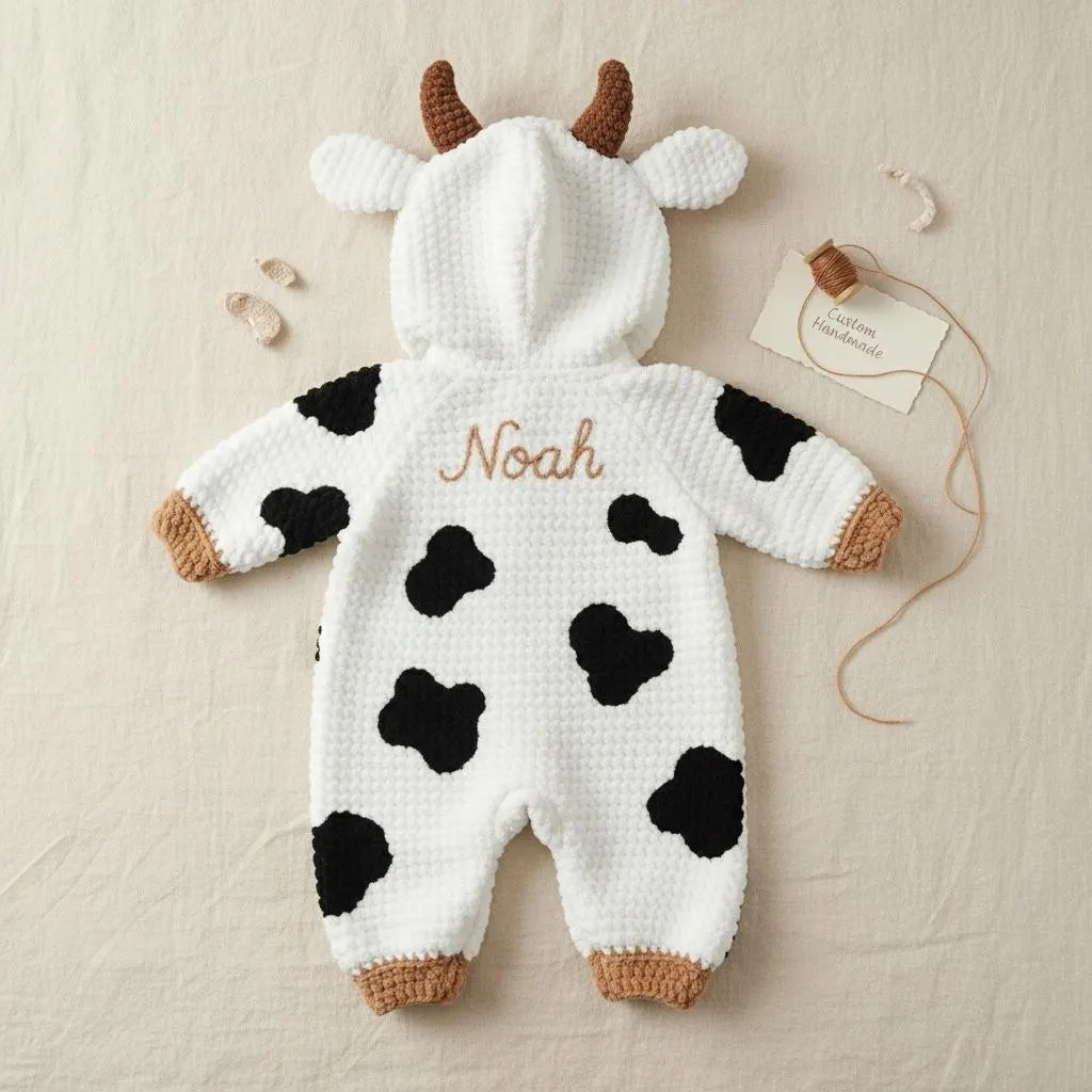 Crochet Cow Baby Romper, Hooded Farm Animal Costume with Booties, Newborn Photo Prop, First Halloween Outfit, Baby Shower Gift