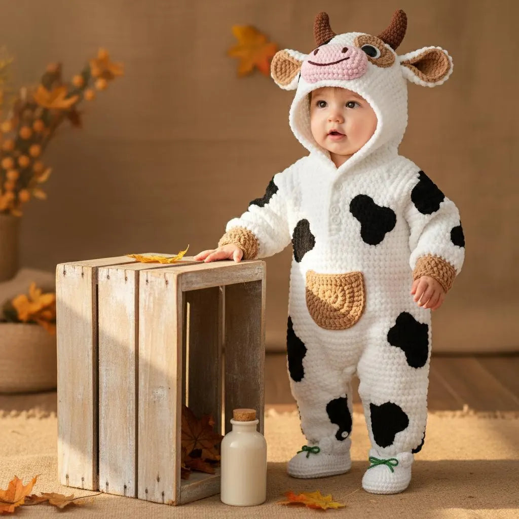 Crochet Cow Baby Romper, Hooded Farm Animal Costume with Booties, Newborn Photo Prop, First Halloween Outfit, Baby Shower Gift