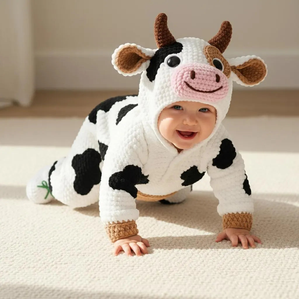 Crochet Cow Baby Romper, Hooded Farm Animal Costume with Booties, Newborn Photo Prop, First Halloween Outfit, Baby Shower Gift