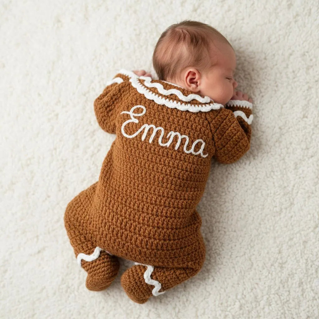 Crochet Gingerbread Baby Outfit, Christmas Romper and Hat Set, Newborn Photo Prop, First Christmas Costume, Holiday Baby Gift