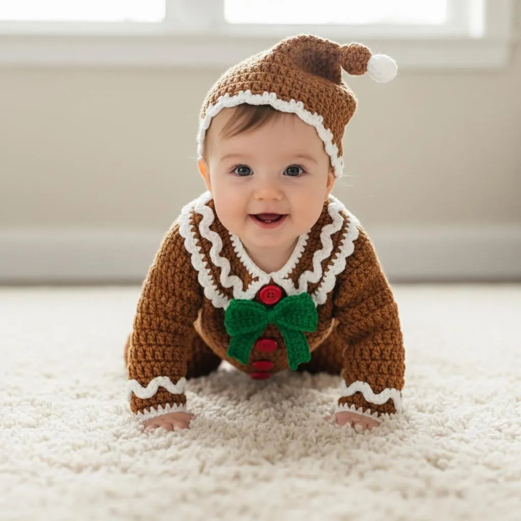 Crochet Gingerbread Baby Outfit, Christmas Romper and Hat Set, Newborn Photo Prop, First Christmas Costume, Holiday Baby Gift