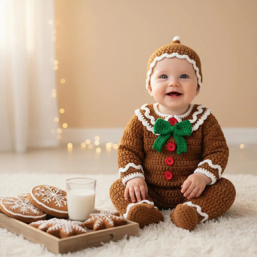 Crochet Gingerbread Baby Outfit, Christmas Romper and Hat Set, Newborn Photo Prop, First Christmas Costume, Holiday Baby Gift