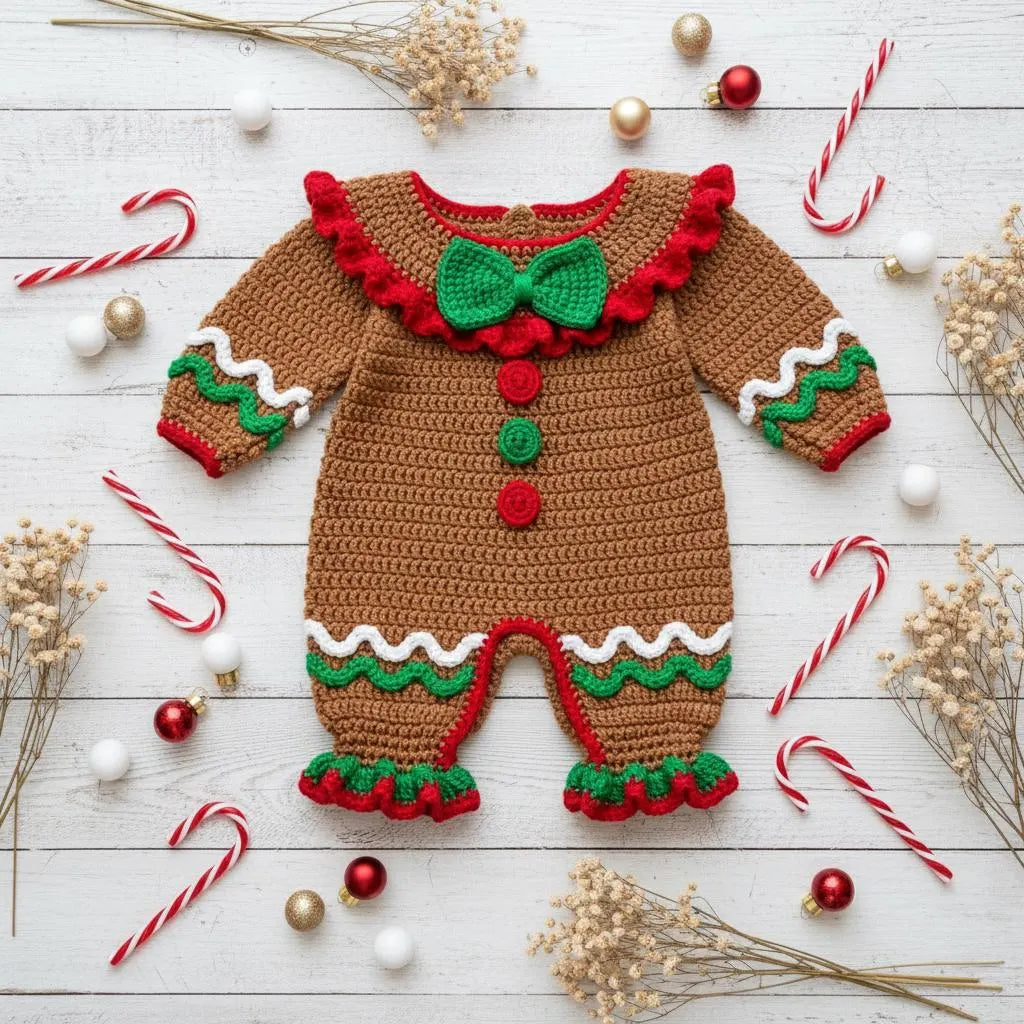 Crochet Gingerbread Baby Romper, Handmade Christmas Infant Outfit with Bow and Ruffles, Newborn Photo Prop, First Christmas Gift