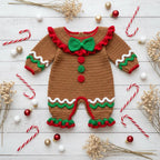 Crochet Gingerbread Baby Romper, Handmade Christmas Infant Outfit with Bow and Ruffles, Newborn Photo Prop, First Christmas Gift