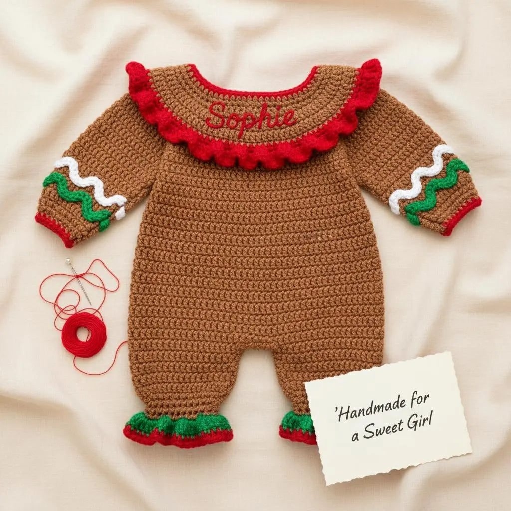 Crochet Gingerbread Baby Romper, Handmade Christmas Infant Outfit with Bow and Ruffles, Newborn Photo Prop, First Christmas Gift