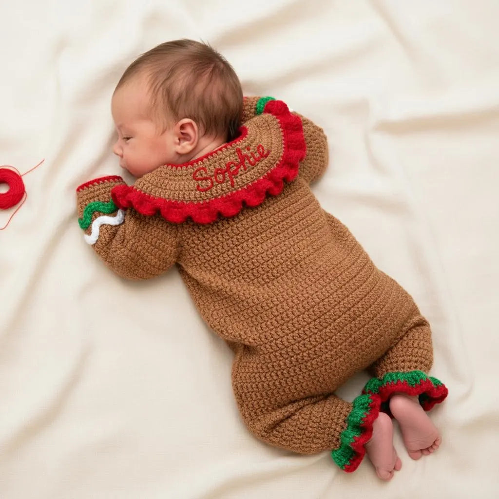 Crochet Gingerbread Baby Romper, Handmade Christmas Infant Outfit with Bow and Ruffles, Newborn Photo Prop, First Christmas Gift