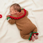 Crochet Gingerbread Baby Romper, Handmade Christmas Infant Outfit with Bow and Ruffles, Newborn Photo Prop, First Christmas Gift