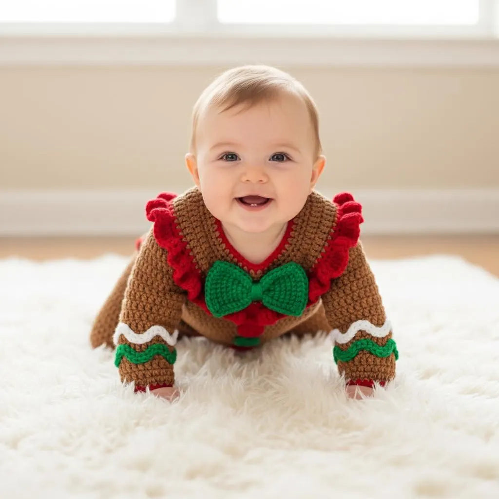 Crochet Gingerbread Baby Romper, Handmade Christmas Infant Outfit with Bow and Ruffles, Newborn Photo Prop, First Christmas Gift