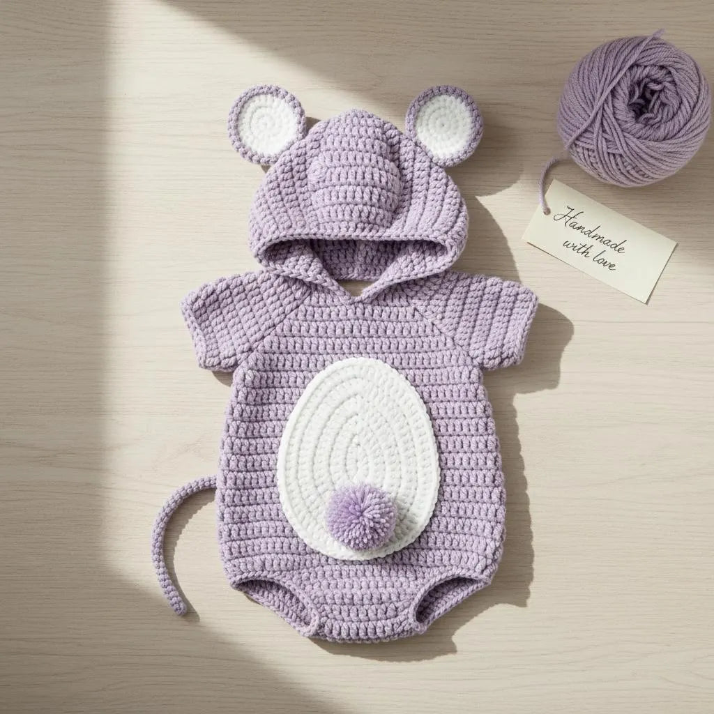 Crochet Mouse Baby Outfit, Handmade Hooded Romper with Tail, Newborn Photo Prop, Baby Halloween Costume, Baby Shower Gift