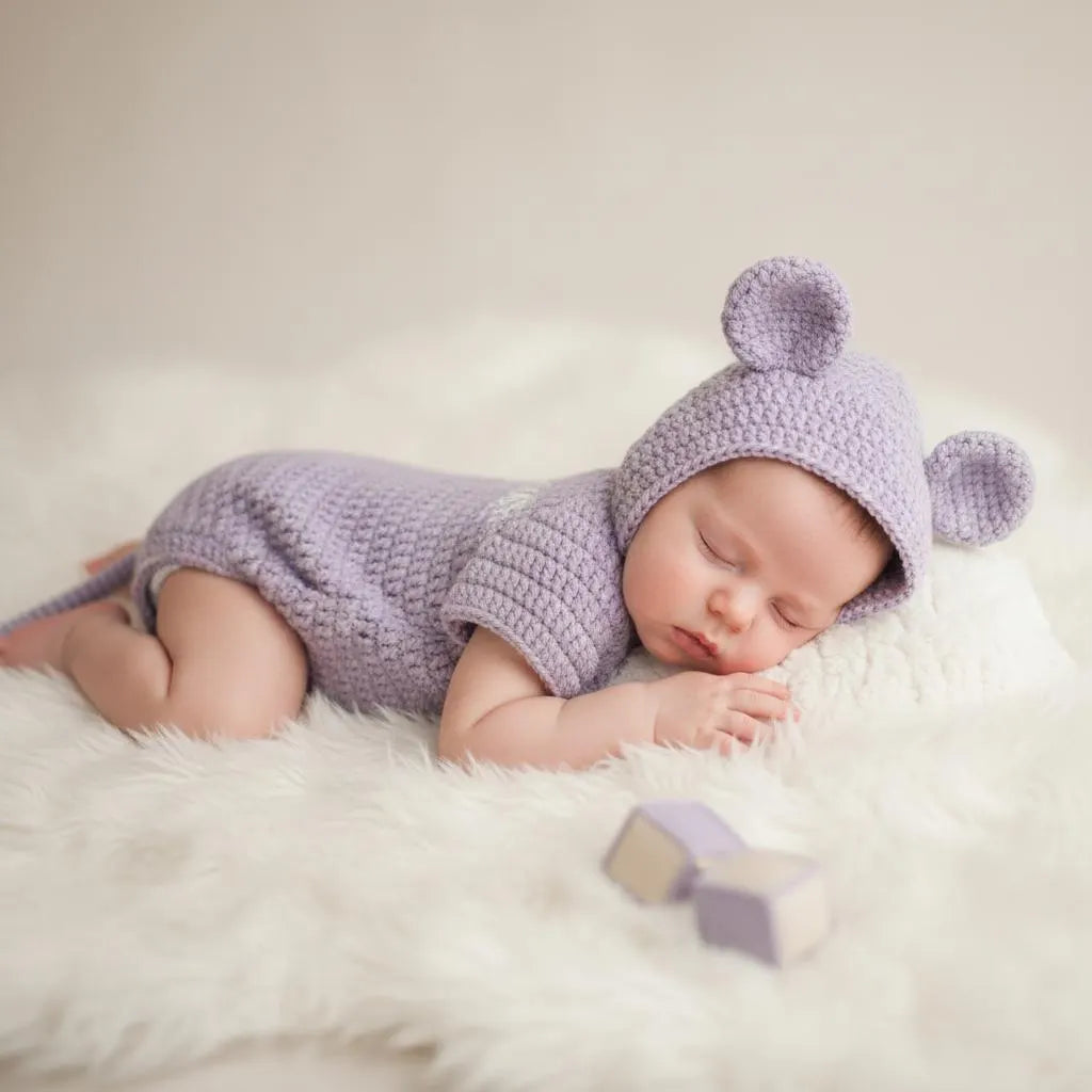 Crochet Mouse Baby Outfit, Handmade Hooded Romper with Tail, Newborn Photo Prop, Baby Halloween Costume, Baby Shower Gift