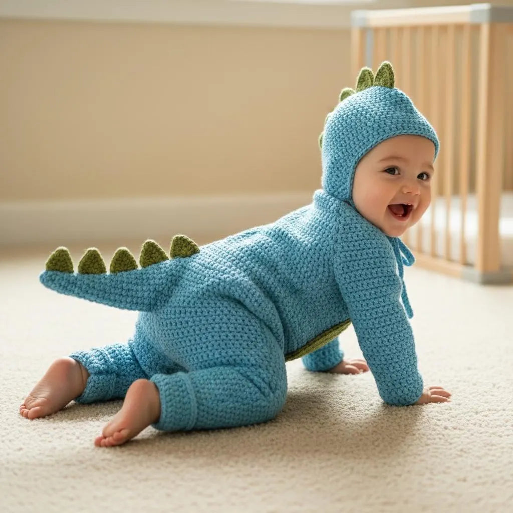 Crochet Dinosaur Baby Outfit, Blue Dino Romper and Bonnet Set, Newborn Photo Prop, Baby Halloween Costume, Baby Shower Gift
