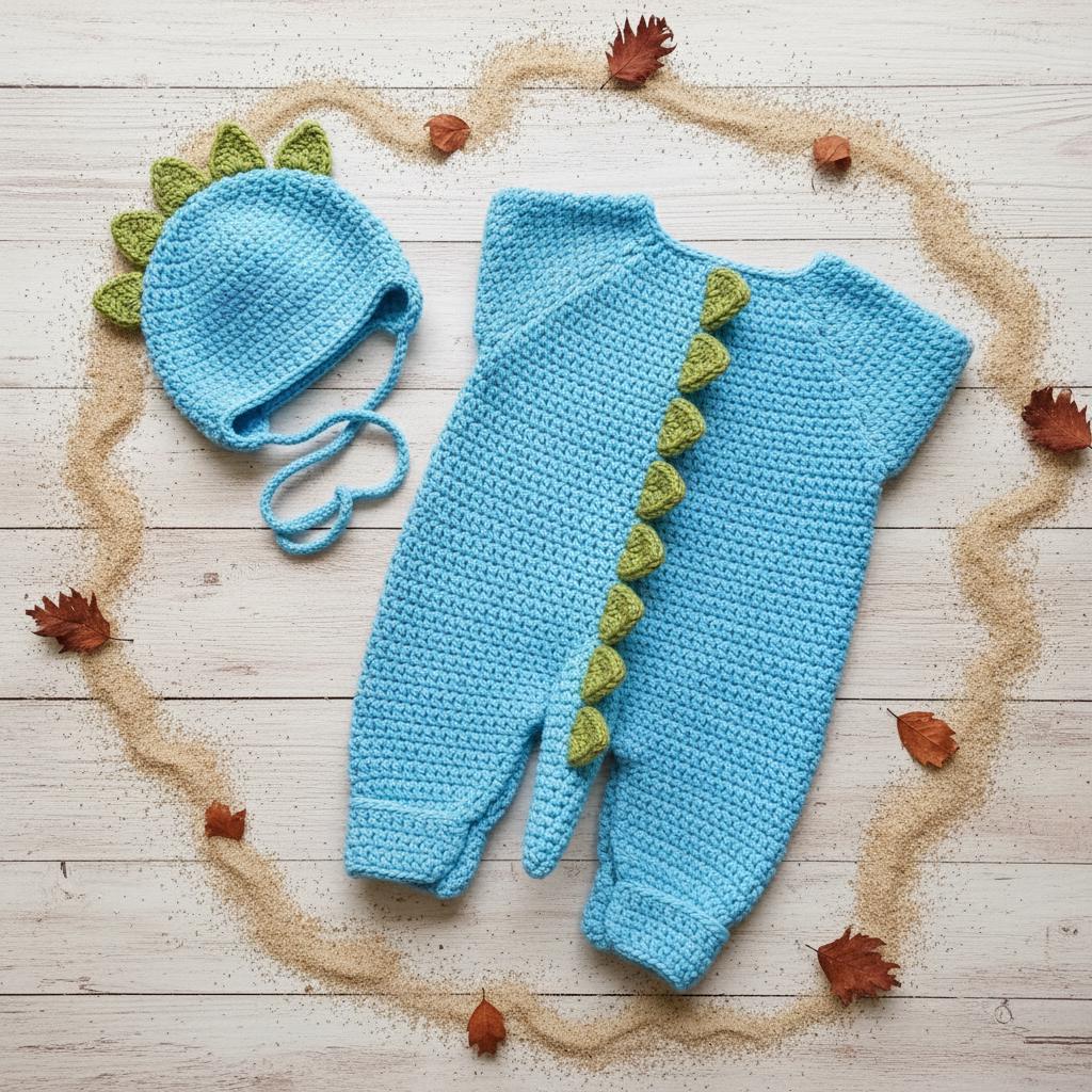 Crochet Dinosaur Baby Outfit, Blue Dino Romper and Bonnet Set, Newborn Photo Prop, Baby Halloween Costume, Baby Shower Gift