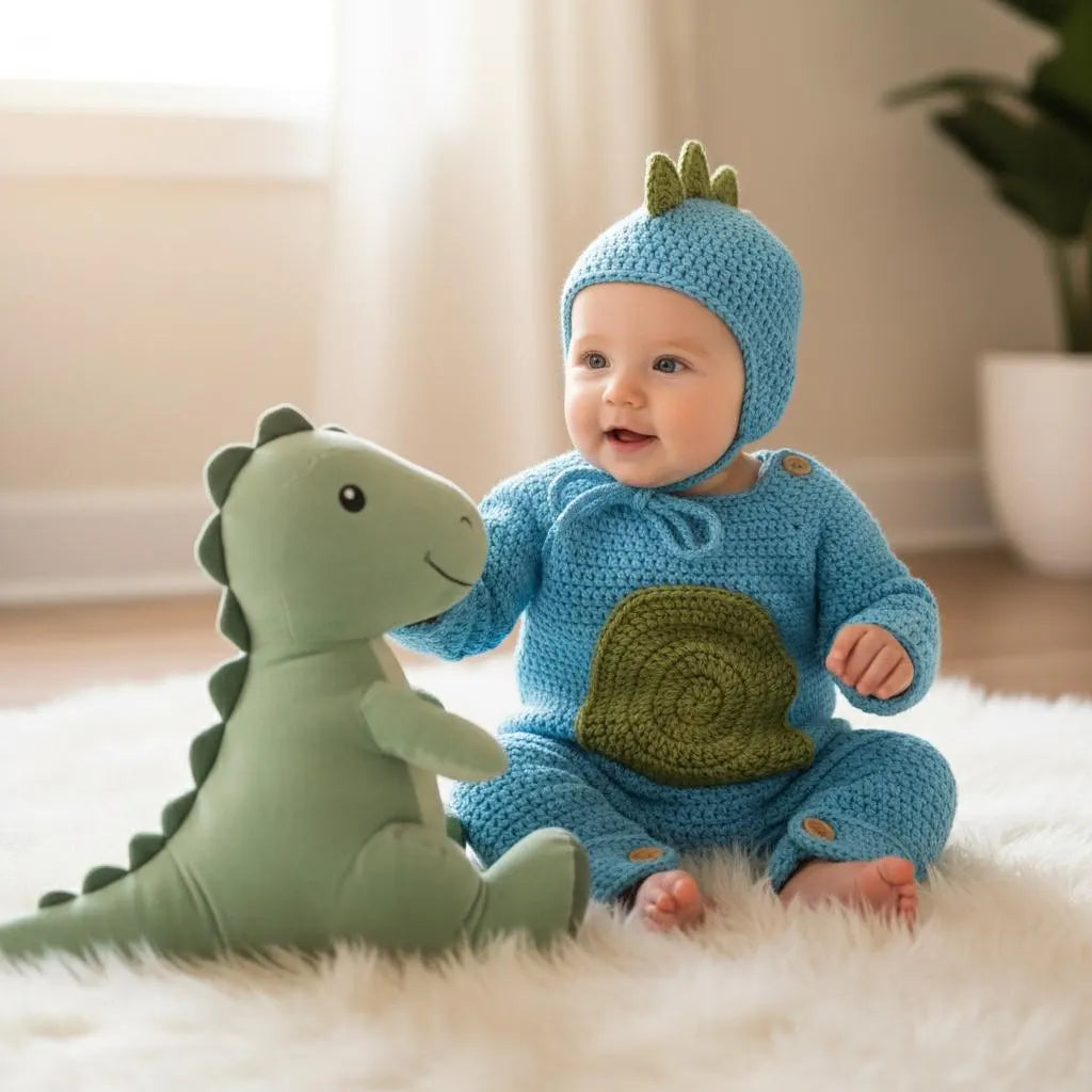 Crochet Dinosaur Baby Outfit, Blue Dino Romper and Bonnet Set, Newborn Photo Prop, Baby Halloween Costume, Baby Shower Gift
