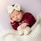 Personalized Crochet Baby Dress, Burgundy Newborn Outfit with Bow Headband and Booties, Baby Girl Coming Home Set, Baby Shower Gift