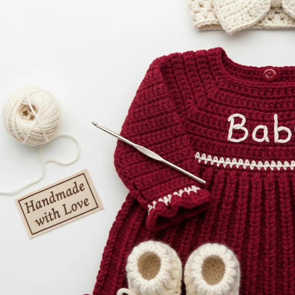 Personalized Crochet Baby Dress, Burgundy Newborn Outfit with Bow Headband and Booties, Baby Girl Coming Home Set, Baby Shower Gift
