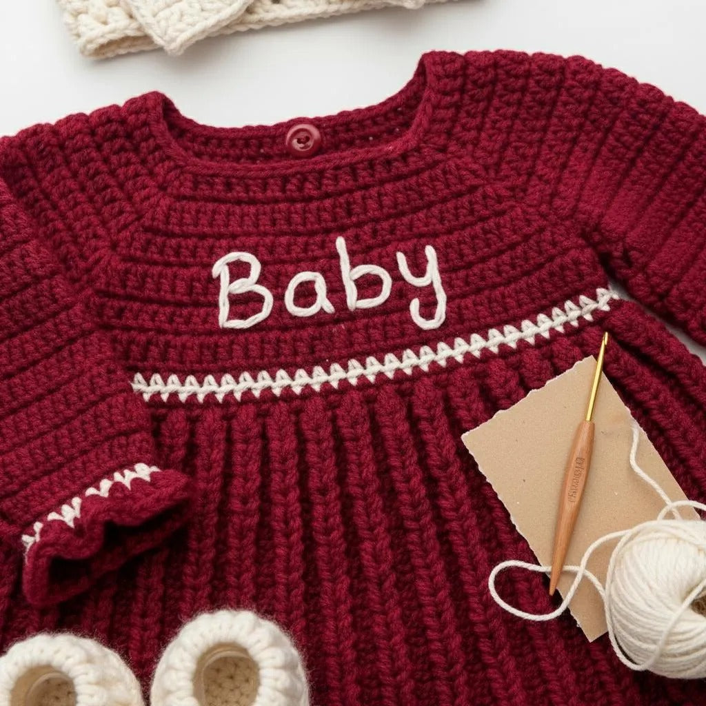 Personalized Crochet Baby Dress, Burgundy Newborn Outfit with Bow Headband and Booties, Baby Girl Coming Home Set, Baby Shower Gift
