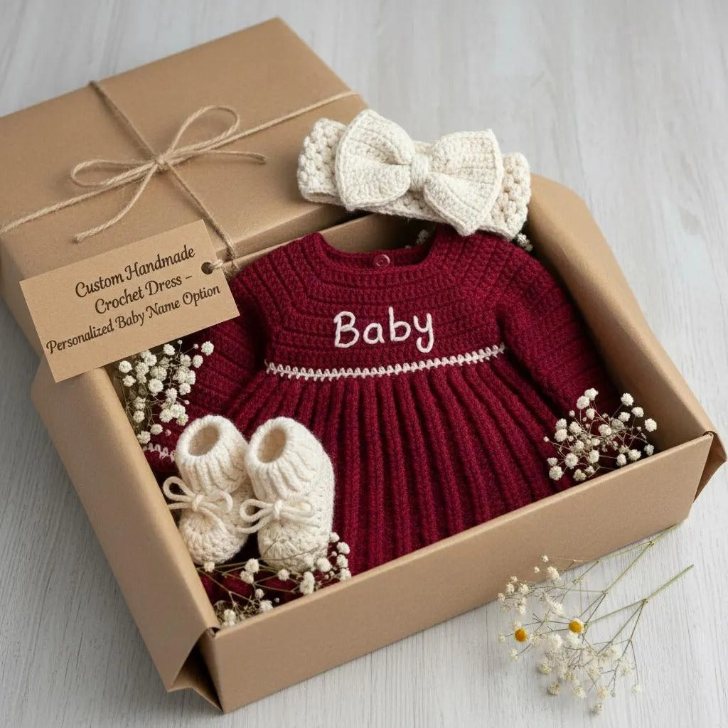 Personalized Crochet Baby Dress, Burgundy Newborn Outfit with Bow Headband and Booties, Baby Girl Coming Home Set, Baby Shower Gift