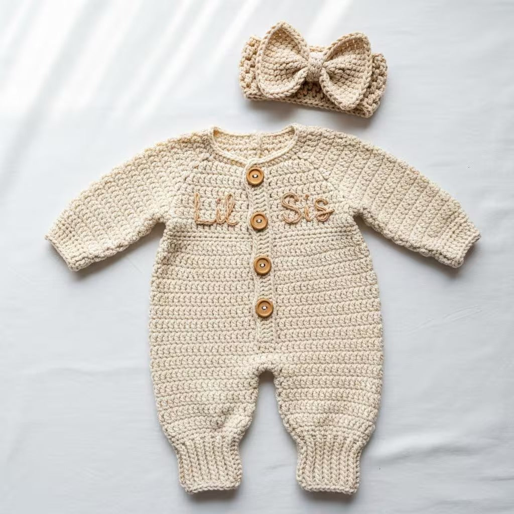Personalized Crochet Baby Romper, Neutral Newborn Coming Home Outfit with Bow Headband, Custom Name Baby Girl Shower Gift
