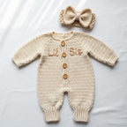 Personalized Crochet Baby Romper, Neutral Newborn Coming Home Outfit with Bow Headband, Custom Name Baby Girl Shower Gift