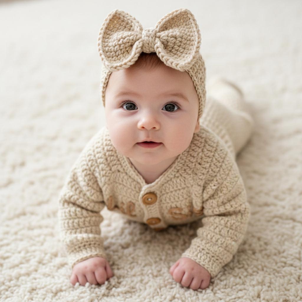 Personalized Crochet Baby Romper, Neutral Newborn Coming Home Outfit with Bow Headband, Custom Name Baby Girl Shower Gift