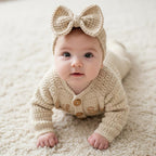 Personalized Crochet Baby Romper, Neutral Newborn Coming Home Outfit with Bow Headband, Custom Name Baby Girl Shower Gift
