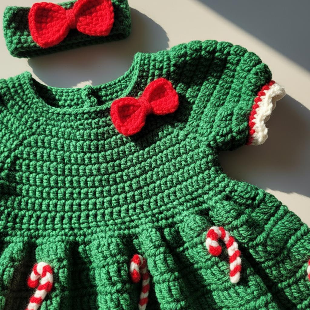 Crochet Baby Christmas Dress, Candy Cane Baby Outfit with Bow Headband, Newborn Photo Prop, Baby Girl First Christmas Gift