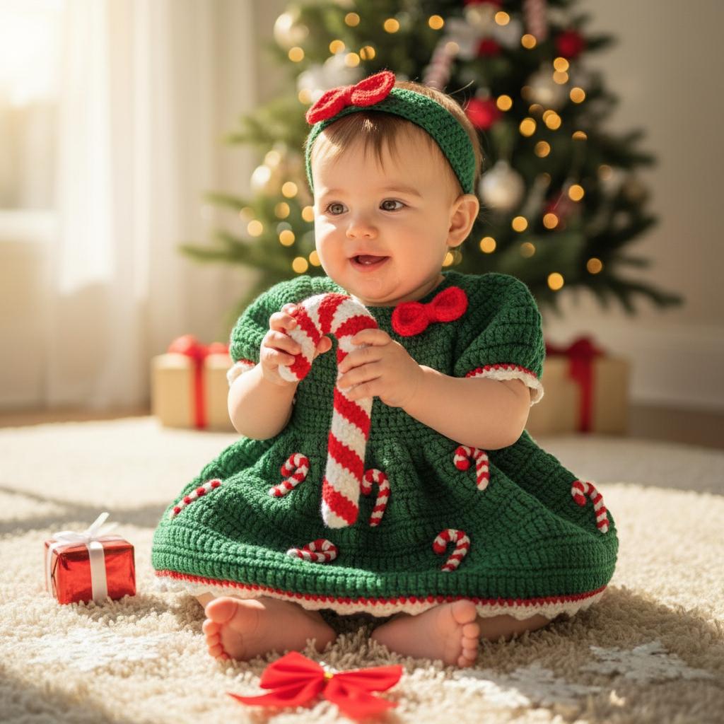 Crochet Baby Christmas Dress, Candy Cane Baby Outfit with Bow Headband, Newborn Photo Prop, Baby Girl First Christmas Gift