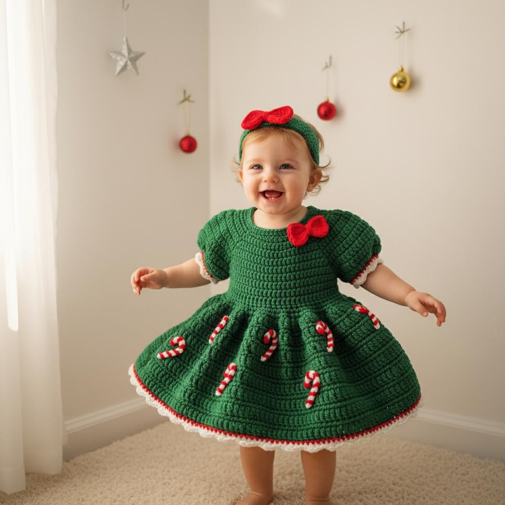 Crochet Baby Christmas Dress, Candy Cane Baby Outfit with Bow Headband, Newborn Photo Prop, Baby Girl First Christmas Gift
