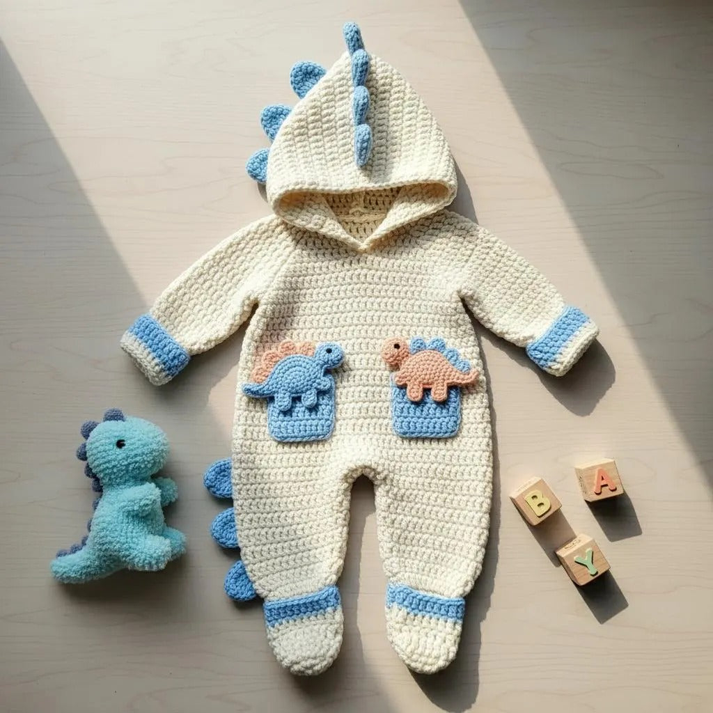 Crochet Dinosaur Baby Romper, Handmade Hooded Dino Newborn Outfit, Baby Boy Photo Prop, First Halloween Costume, Baby Shower Gift